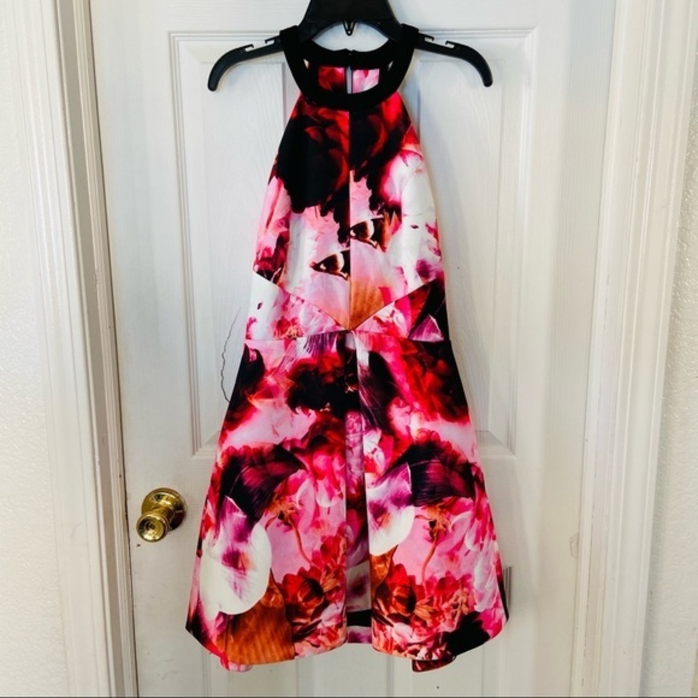 NWOT NECESSARY OBJECTS pink floral halter open back skater dress size medium